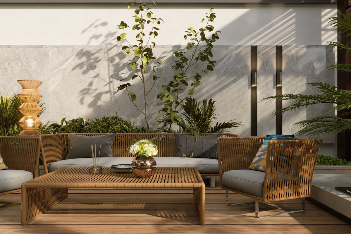 Rendered modern terrace with pergola, pool and outdoor seating