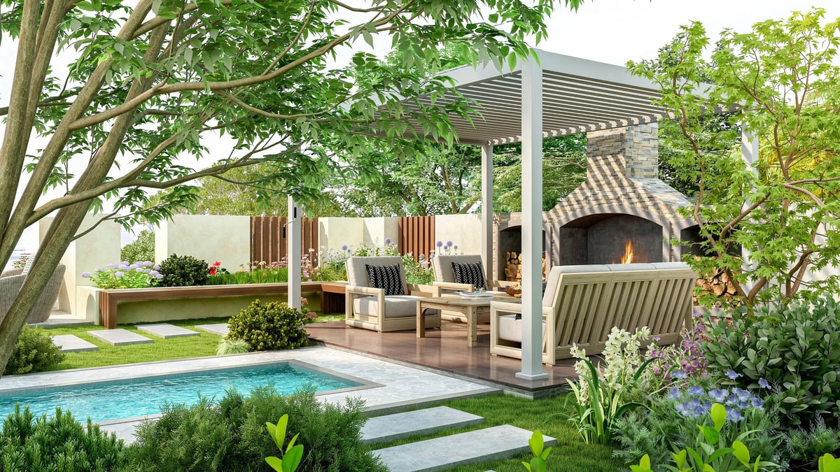Modern luxury pergola with outdoor seating area and small pool